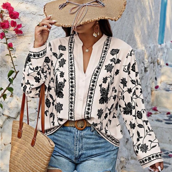 Boho Plus Size Floral Paisley Print Button Down Shirt Top Blouse - Picture 5 of 12